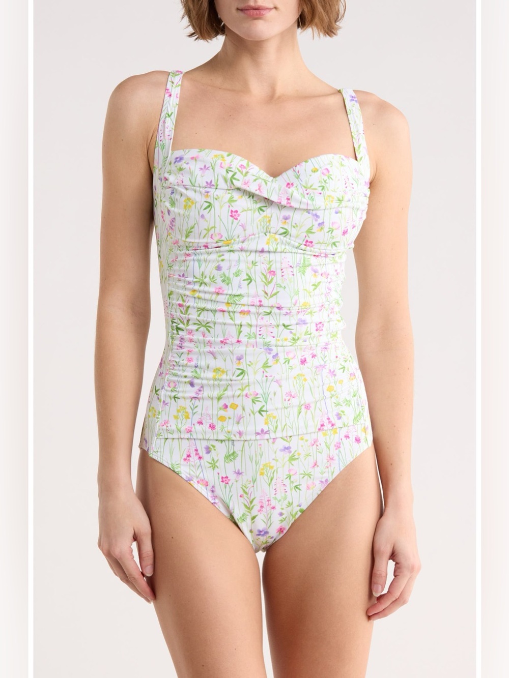 Betsy Johnson Twist Front One-Piece Swimsuit Size Medium Floral Pink Green
